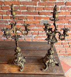 Candelabri antichi in ottone Rococò h 43 cm