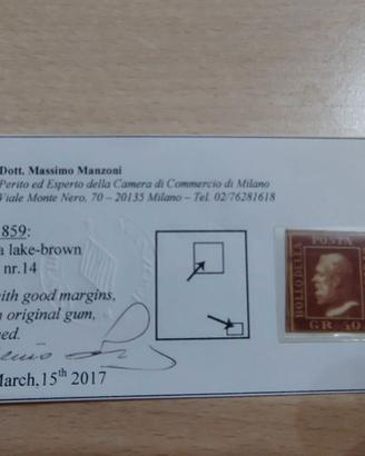 Francobollo SICILIA 1859 - 50 Grana - Certificato