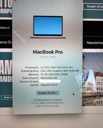 MacBook Pro 15  2019 - Intel  i9 8 Core HD SSD 1TB