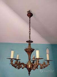 Lampadario vintage in ottone italiano a 5 bracci