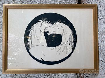 Litografia Fausto Cortese, 70x55 cavalli originale