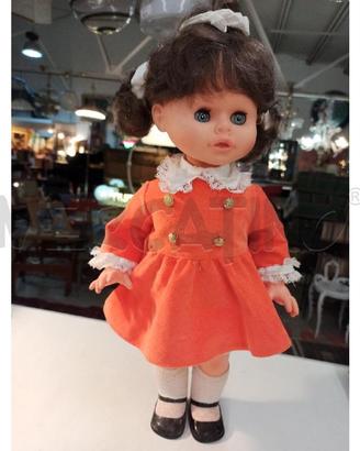 BAMBOLA VINTAGE VESTITO ARANCIO A BATTERIA H45