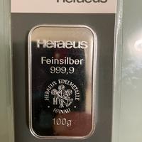 Lingotto argento 100gr con documento della Heraeus