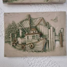Coppia mattonelle ceramica rilievo vintage paese
