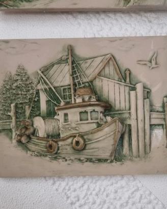 Coppia mattonelle ceramica rilievo vintage paese