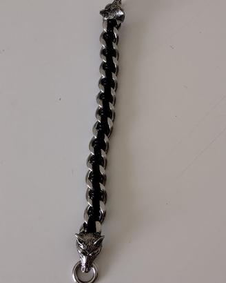 Bracciale a forma di Lupo in acciaio e cuoio