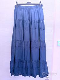 Gonna lunga donna cotone blu con ricami sangallo