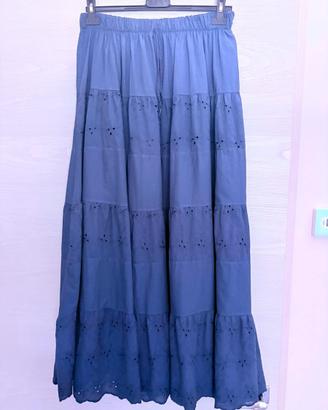 Gonna lunga donna cotone blu con ricami sangallo
