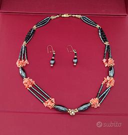 collana e orecchini in pirite e corallo rosa