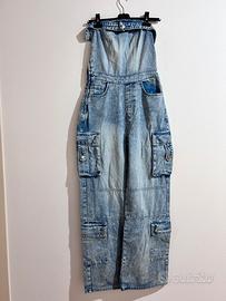 Tuta in denim stile cargo spalle scoperte Tg M