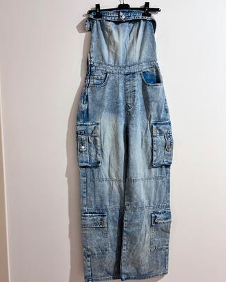 Tuta in denim stile cargo spalle scoperte Tg M