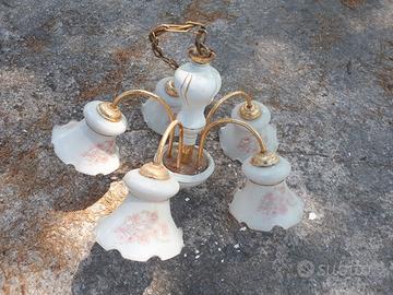 Lampadario vintage 5 punti luce ceramica e vetro