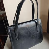 Borsa a mano vintage in pelle di lucertola nera an