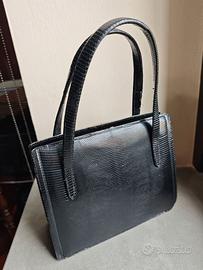 Borsa a mano vintage in pelle di lucertola nera an