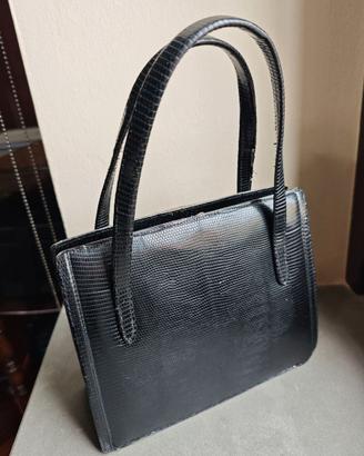 Borsa a mano vintage in pelle di lucertola nera an