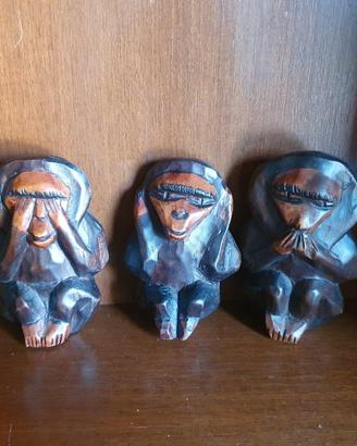 Statuine sculture in legno 3 scimmiette