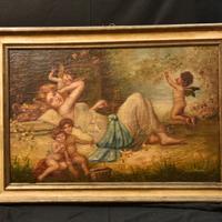 Antico dipinto olio su tela Scena Galante