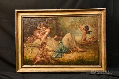 Antico dipinto olio su tela Scena Galante