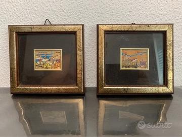 Coppia quadretti vintage paesaggi su foglia d’oro