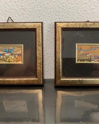 Coppia quadretti vintage paesaggi su foglia d’oro