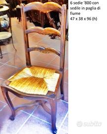Sei sedie '800 con seduta in paglia di fiume