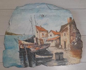 Dipinto a olio su ardesia scorcio marino