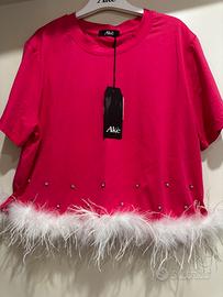 Maglietta nuova donna Akè con strass e piume