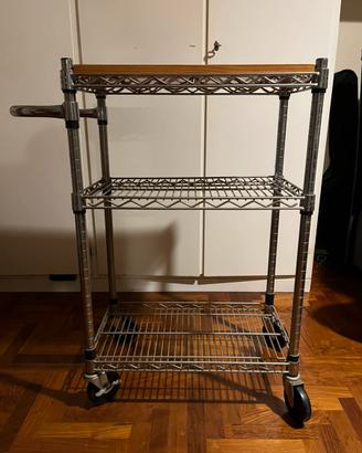 Carrello con rotelle in legno e alluminio