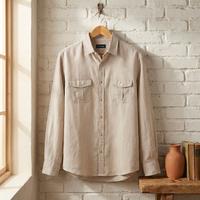Camicia, Piombo, XL, Lino, Beige, Uomo
