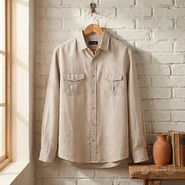 Camicia, Piombo, XL, Lino, Beige, Uomo