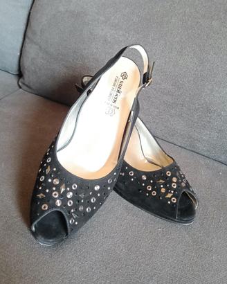 Tacchi open toe strass, neri  9 cm  pelle Sanagens