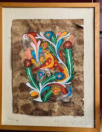 Quadro etnico fibra naturale, dipinto a mano