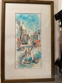 Quadro acquarello su carta. Montmartre. Cornice.
