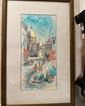 Quadro acquarello su carta. Montmartre. Cornice.