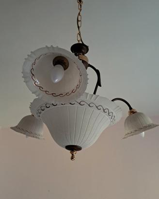 Lampadario Vintage 4 Luci Vetro Opalino Decorato