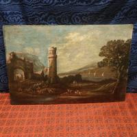 Antico Dipinto Olio Su Rame Paesaggio Con Armate B