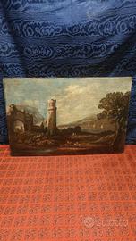 Antico Dipinto Olio Su Rame Paesaggio Con Armate B