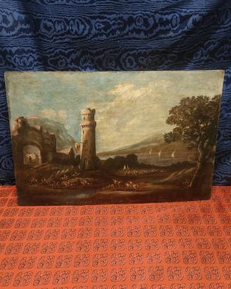 Antico Dipinto Olio Su Rame Paesaggio Con Armate B