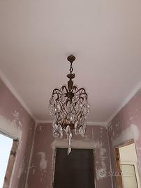 Lampadario Vintage in Ottone e Gocce di Cristallo