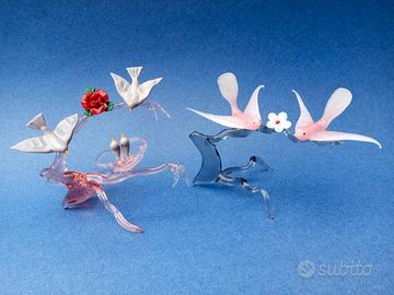 Doppia coppia uccelli su ramo vetro Murano