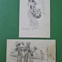 Due cartoline antiche SIGNORE - RAGAZZA MAIALINI