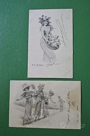 Due cartoline antiche SIGNORE - RAGAZZA MAIALINI