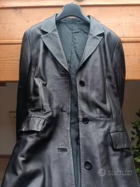 Giacca lunga in vera pelle nera elegante taglia 46