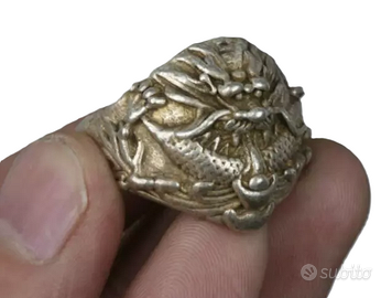 CINA RARO ANELLO CINESE IN ARGENTO DRAGO 中华人民共和国