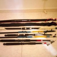 8 canne da pesca+retino+stivali nuovi +galleggiant