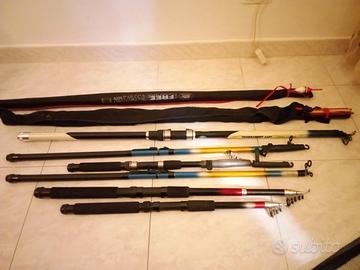8 canne da pesca+retino+stivali nuovi +galleggiant
