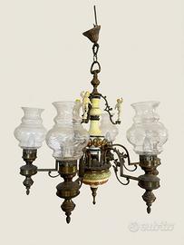 Lampadario Vintage in Ottone e Ceramica con Putti
