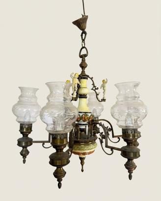Lampadario Vintage in Ottone e Ceramica con Putti