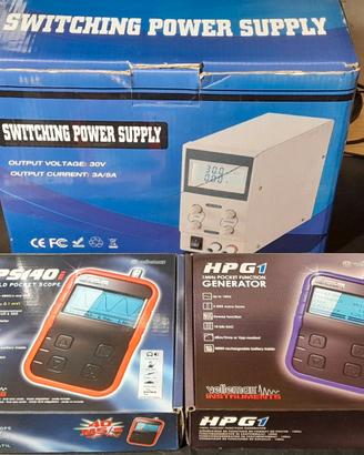 oscilloscopio alimentatore generatore di funzioni.