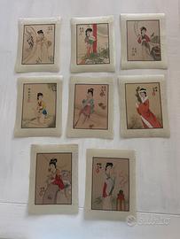 Vintage, 8 dipinti cinesi su carta stoffa